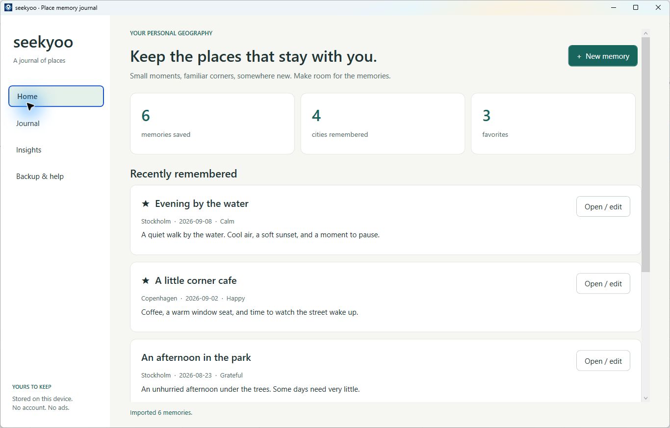 Seekyoo Windows journal home screen with example entries